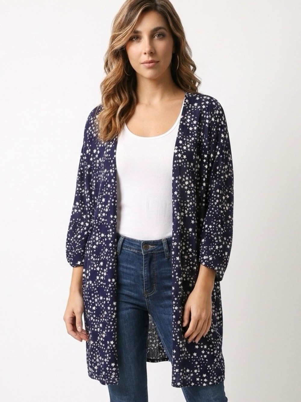 BLUE RAIN | Blue & White Star Print Strappt Kimono Patriotic Women’s Size Medium